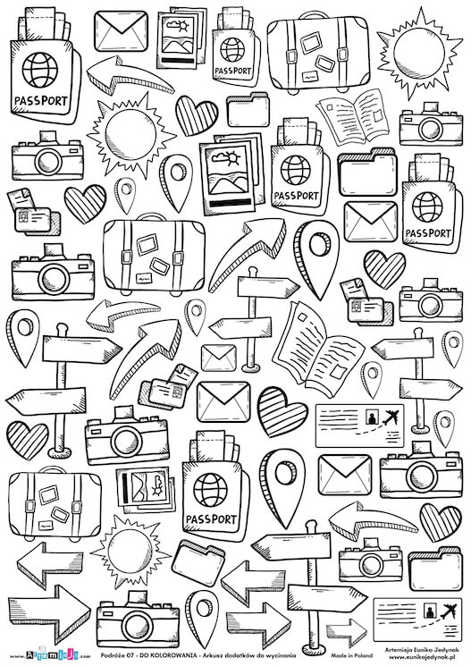 Arkusz dodatków do wycinania - Podróże 07 - DO KOLOROWANIA