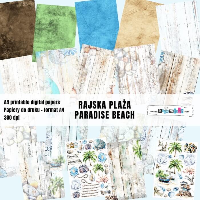 DUŻY ZESTAW PAPIERÓW DO DRUKU "RAJSKA PLAŻA - PARADISE BEACH" 18 arkuszy