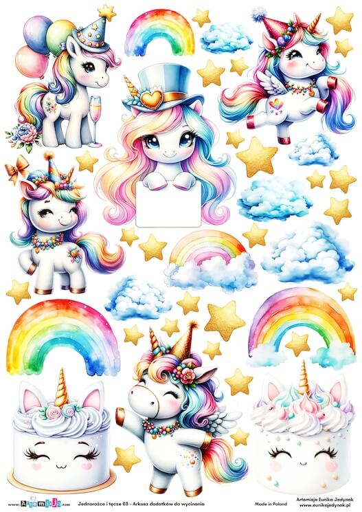 Arkusz dodatków do wycinania - Jednorożce i tęcze 03