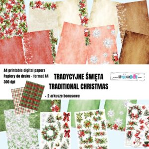 DUŻY ZESTAW PAPIERÓW DO DRUKU "TRADYCYJNE ŚWIĘTA - TRADITIONAL CHRISTMAS" 18 arkuszy