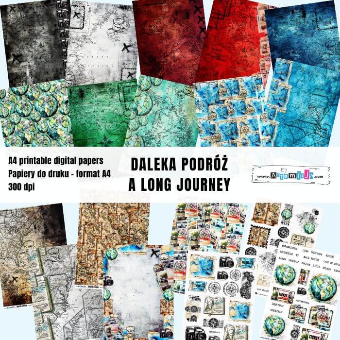 DUŻY ZESTAW PAPIERÓW DO DRUKU "DALEKA PODRÓŻ - A LONG JOURNEY" 18 arkuszy