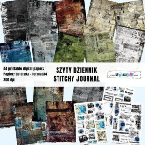 DUŻY ZESTAW PAPIERÓW DO DRUKU "SZYTY DZIENNIK - STITCHY JOURNAL" 18 arkuszy