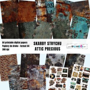 DUŻY ZESTAW PAPIERÓW DO DRUKU "SKARBY STRYCHU - ATTIC PRECIOUS" 18 arkuszy
