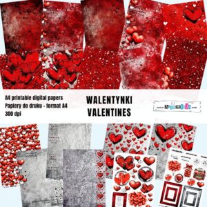 DUŻY ZESTAW PAPIERÓW DO DRUKU "WALENTYNKI - VALENTINES" 18 arkuszy