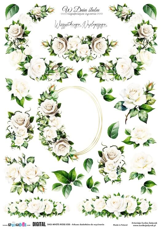 Białe róże ŚLUB CHRZEST - DAG-WHITE-ROSE-038 Arkusz grafik cyfrowy