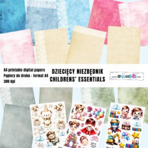 DUŻY ZESTAW PAPIERÓW DO DRUKU "DZIECIĘCY NIEZBĘDNIK - CHILDRENS' ESSENTIALS" 18 arkuszy