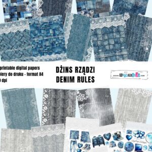 DUŻY ZESTAW PAPIERÓW DO DRUKU "DŻINS RZĄDZI - DENIM RULES" 18 arkuszy