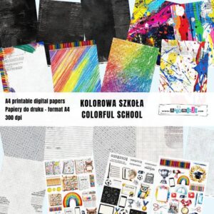 DUŻY ZESTAW PAPIERÓW DO DRUKU "KOLOROWA SZKOŁA - COLORFUL SCHOOL" 18 arkuszy
