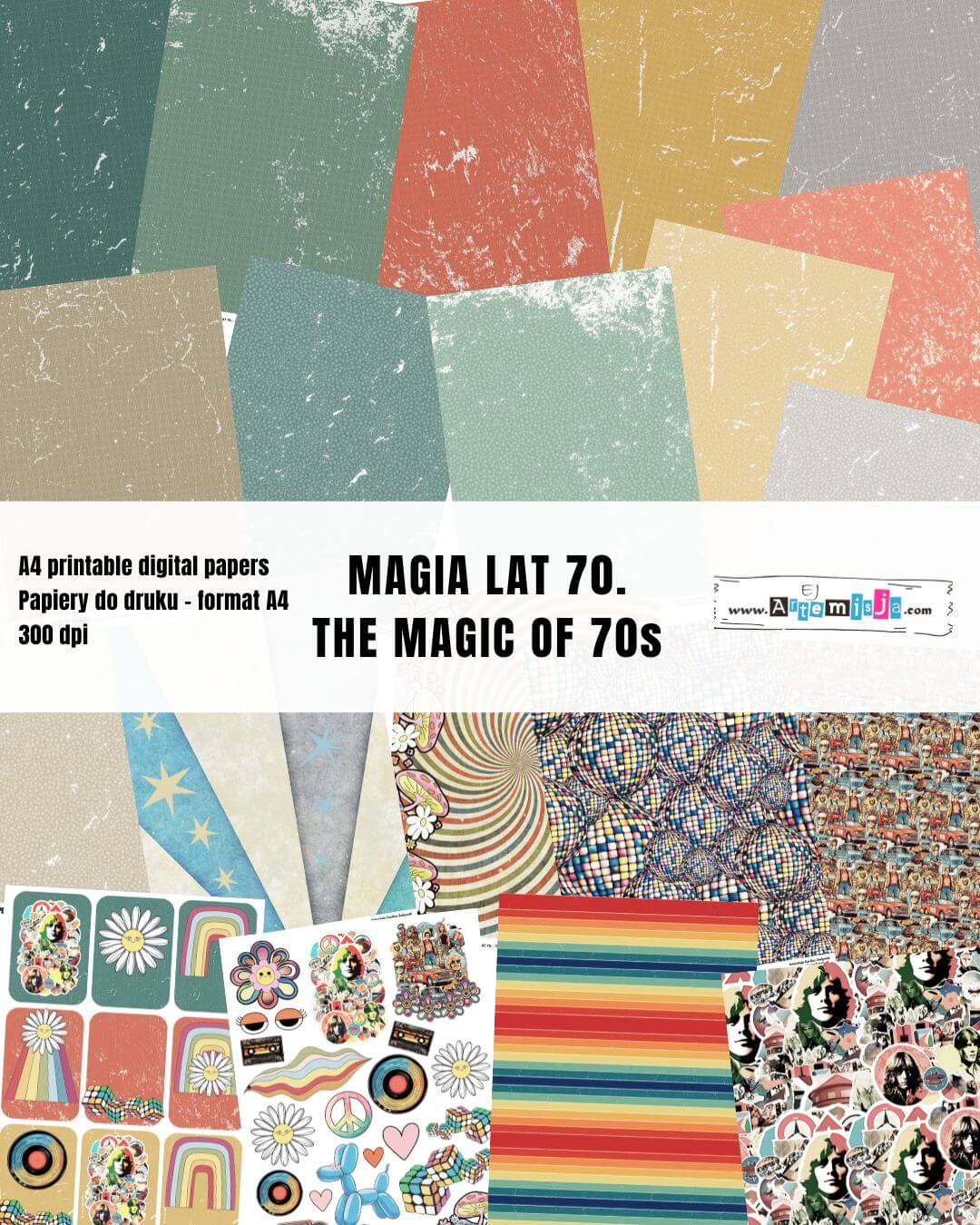 DUŻY ZESTAW PAPIERÓW DO DRUKU ARTEMISJA DIGITAL - MAGIA LAT 70. 20 arkuszy
