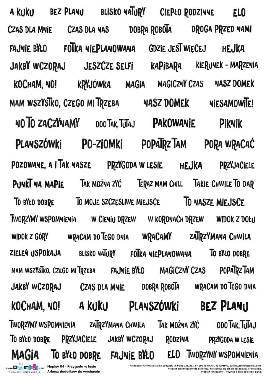 Arkusz dodatków do wycinania - Napisy 04 - Przygoda w lesie