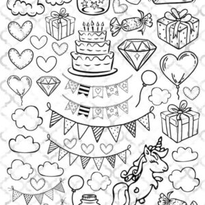 Arkusz dodatków do wycinania - Do kolorowania 01 - Impreza z jednorożcem