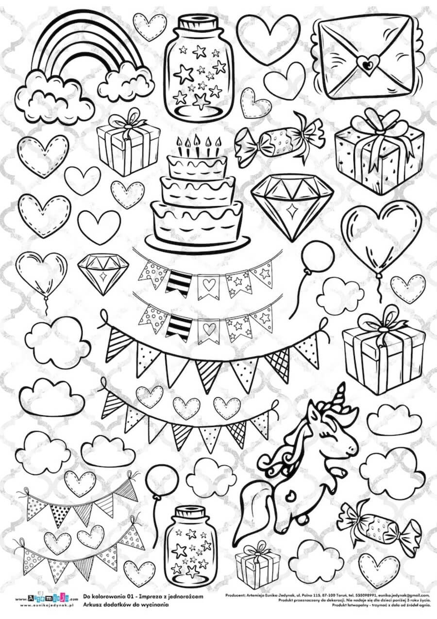 Arkusz dodatków do wycinania - Do kolorowania 01 - Impreza z jednorożcem