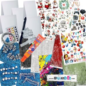 Zestaw warsztatowy - 5 kartek okolicznościowych (bazy, papiery, grafiki, tekturki, napisy, klej i dodatki)