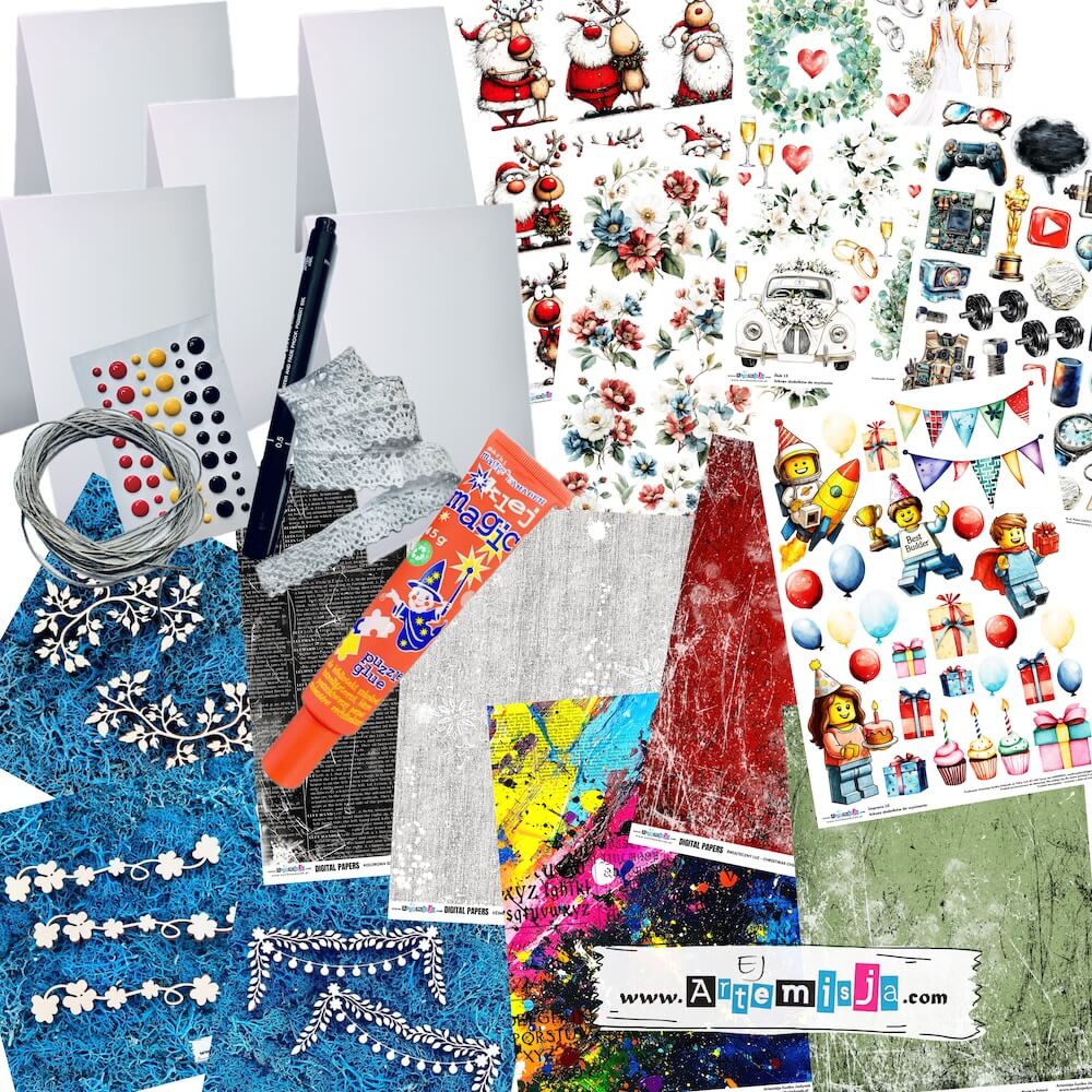 Zestaw warsztatowy - 5 kartek okolicznościowych (bazy, papiery, grafiki, tekturki, napisy, klej i dodatki)