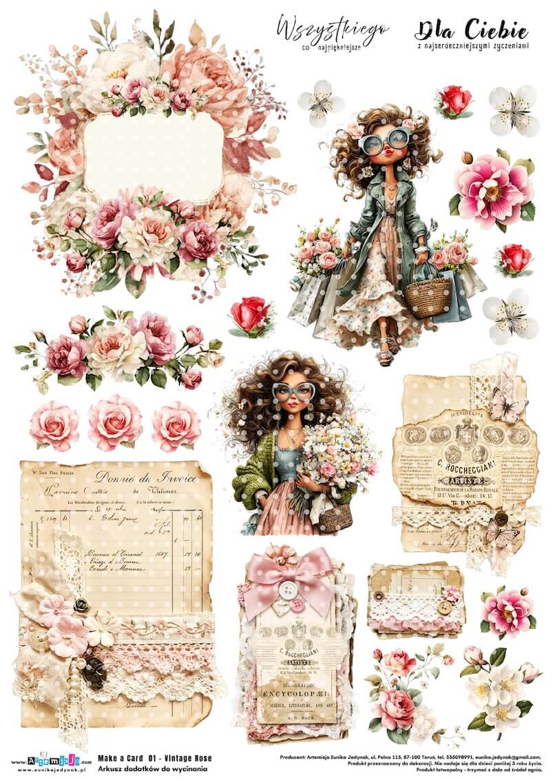 Zestaw - Make a Card 01 - Vintage Rose - Arkusz dodatków do wycinania